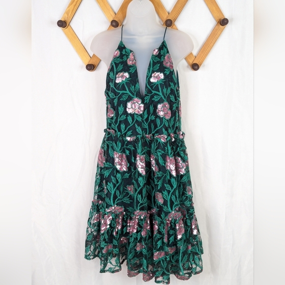 Badgley Mischka Belle Denya Emerald Rose Sequin Floral Ruffled Dress - Picture 2 of 8